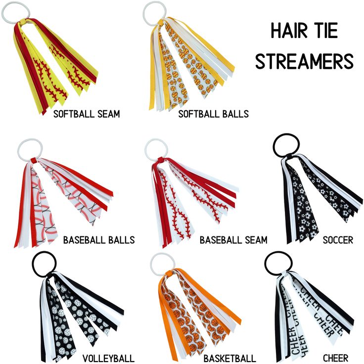 Our sports print hair tie streamers are perfect for athletes and fans alike! Our ribbon ponytail holders will be a great addition to your uniform or fan gear. They are comfortable, lightweight, and look amazing on the field or court. These would make a perfect gift. Give them a try and see how much you and your friends love them! COMFORTABLE: Our hair tie streamers have Grosgrain ribbon that is about 6.5 inches in length and a rubber 4mm pony 0 that is 2x2 inches. The ribbon is 100% Polyester an Ponytail Streamers Diy, Hair Tie Ribbon, Scarlet Hair, Sports Hair Bows, Camp Gifts, Softball Hair Bows, Easy Hair Bows, Hair Streamer, Hockey Hair