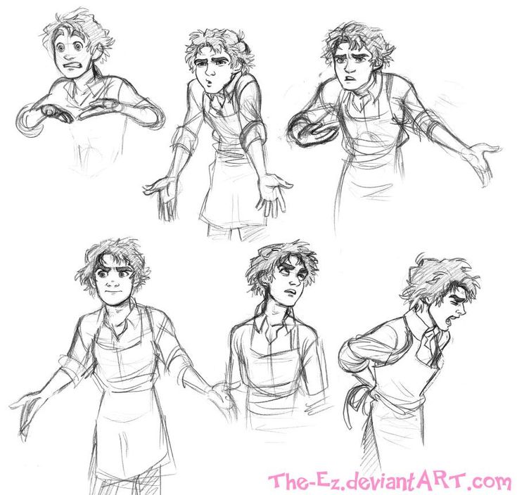 some sketches of people in aprons, one is holding a frisbee and the other