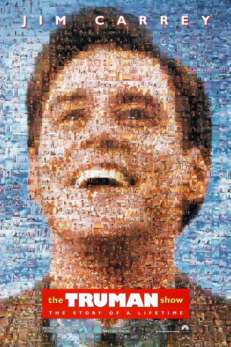 the truman show poster with words all over it and an image of a man's face