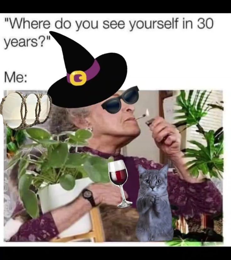 an older woman wearing a witches hat and holding a wine glass with a cat sitting next to her