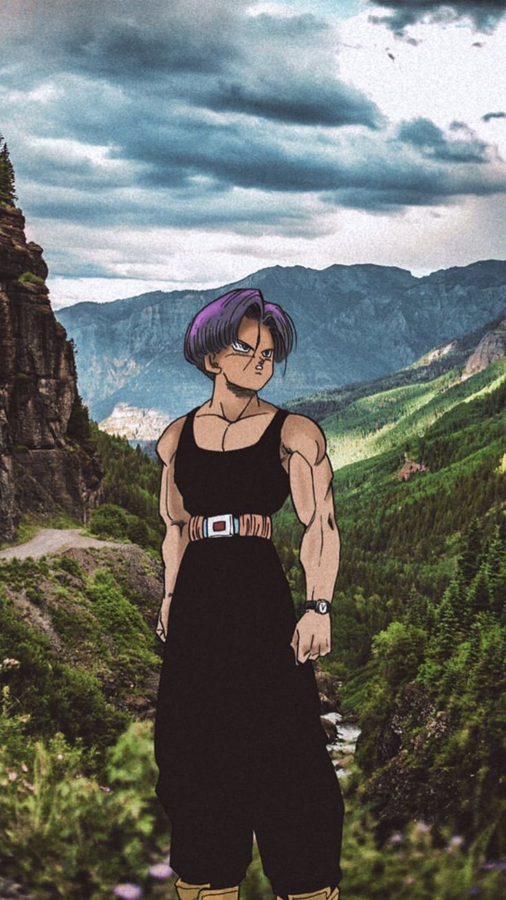 a man with purple hair standing in front of some mountains and trees on a cloudy day