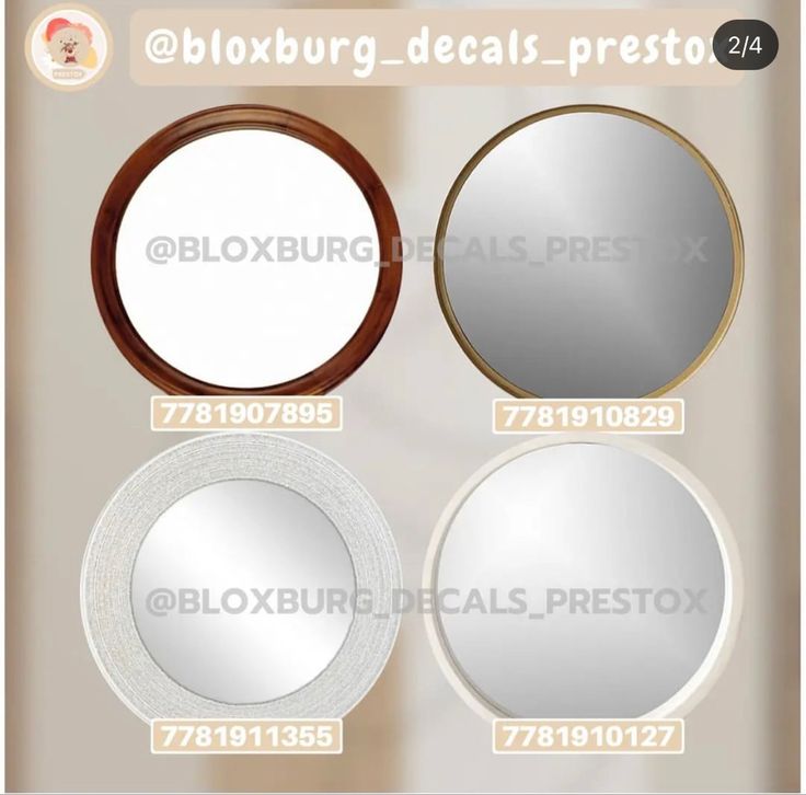 three round mirrors are shown in different sizes and colors, with the same price label below them