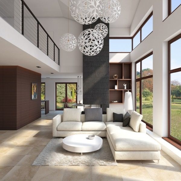 a modern living room with white furniture and large windows on both sides of the wall