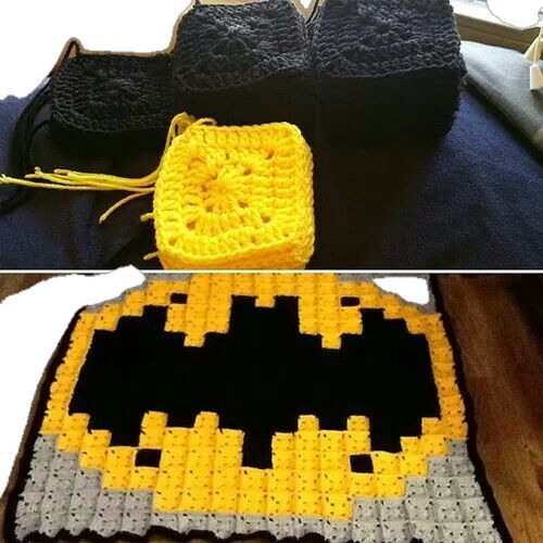 crocheted batman purse with yellow and black squares on the front, and bottom