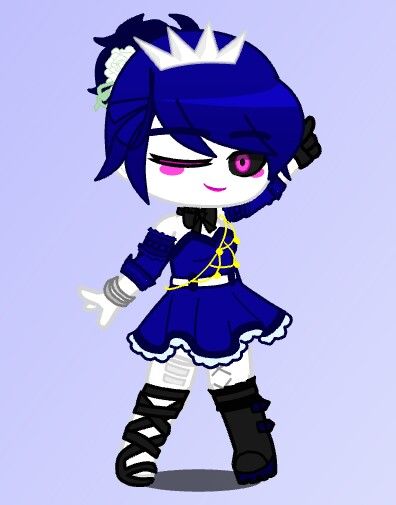 a cartoon character with blue hair and black boots, wearing an outfit that looks like she is