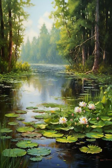 a painting of water lilies and trees in the background