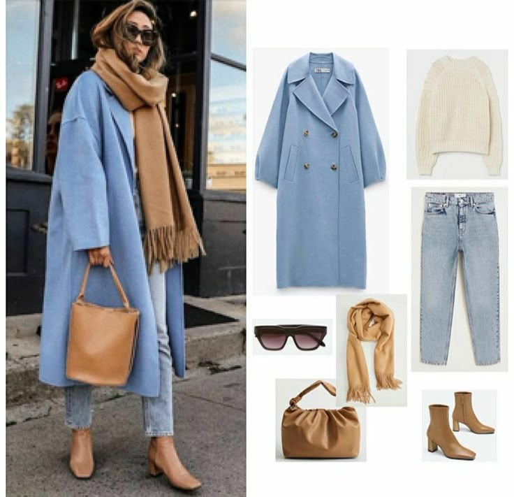 Light Blue Winter Coat Outfit, Light Blue Peacoat Outfit, Pale Blue Coat Outfit, Blue Complimentary Colors Outfit, Winter Blue Outfits Women, Light Blue Coat Outfits For Women, Blue Pea Coat Outfit, Light Blue Fall Outfits, Blue Long Coat Outfit