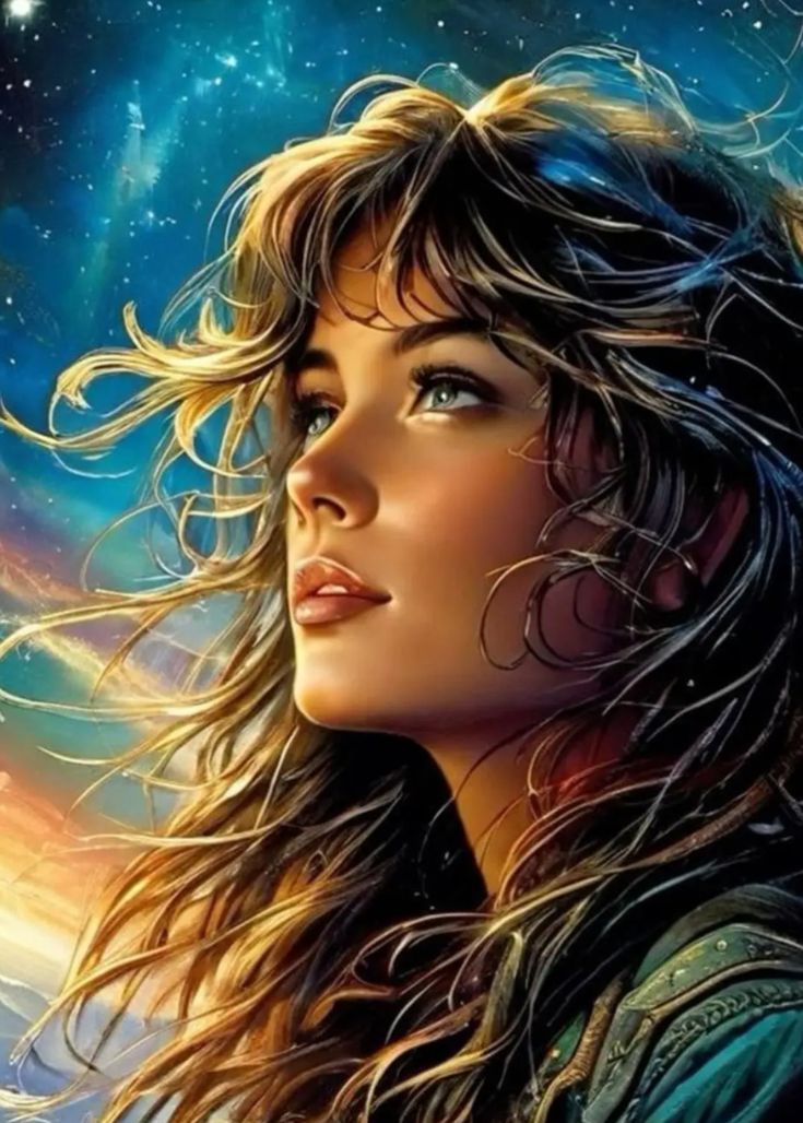 a painting of a woman with long hair and stars in the sky above her head