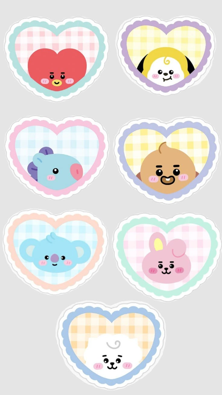 six heart shaped stickers with different animals on them, all in pastel colors