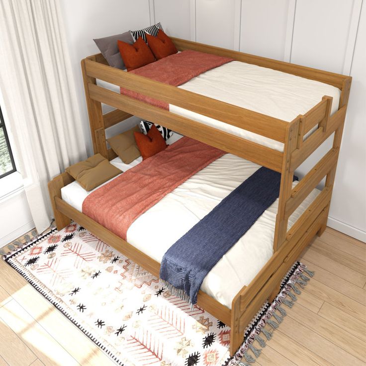 the bunk bed is made up and ready to be used as a child's room