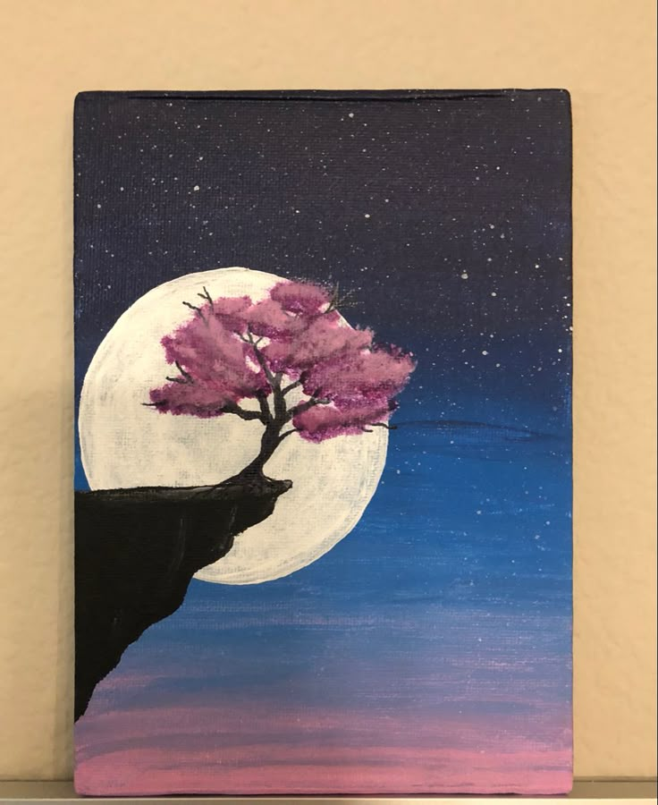 a painting of a tree with pink flowers on it and the moon in the background