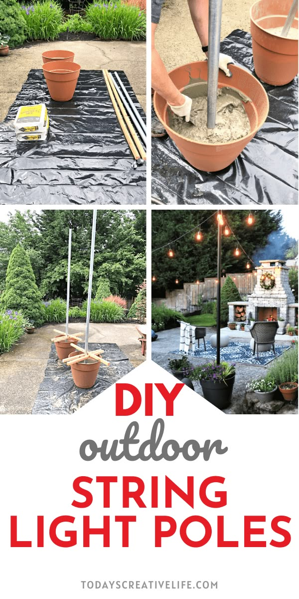 an outdoor string light pole is being used to create a diy patio lighting project