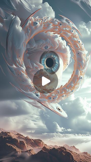 an eyeball in the sky with clouds and mountains around it, as if looking at something