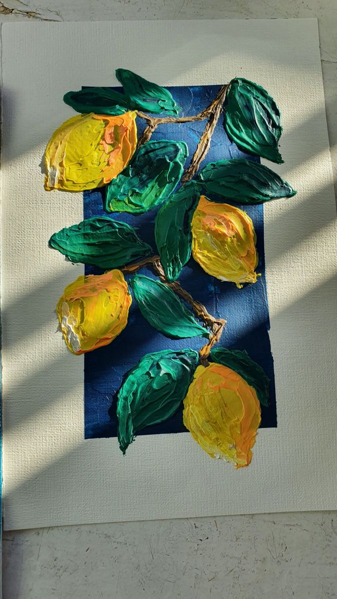 a painting of yellow flowers on a blue and white background with shadow from the sun