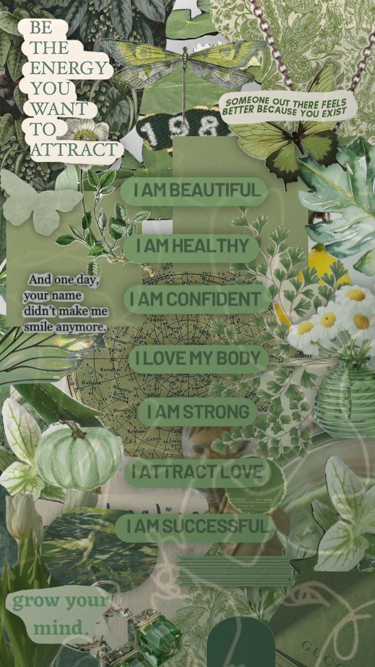 an altered collage with green and white flowers, leaves, and words on it