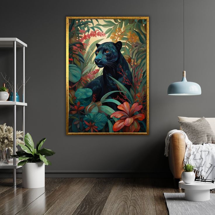 a black bear in the jungle surrounded by plants and flowers framed on a wall above a bed