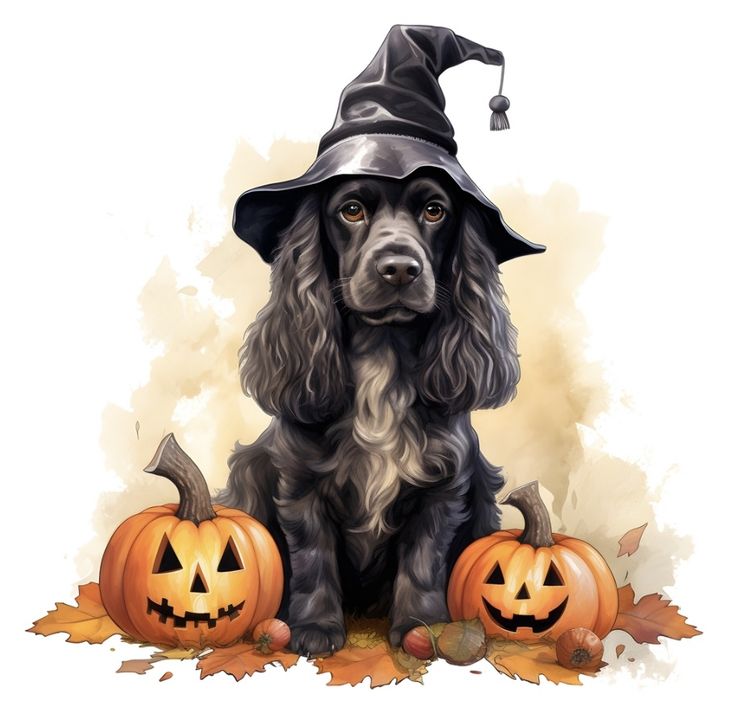 a dog wearing a witches hat sitting next to two pumpkins