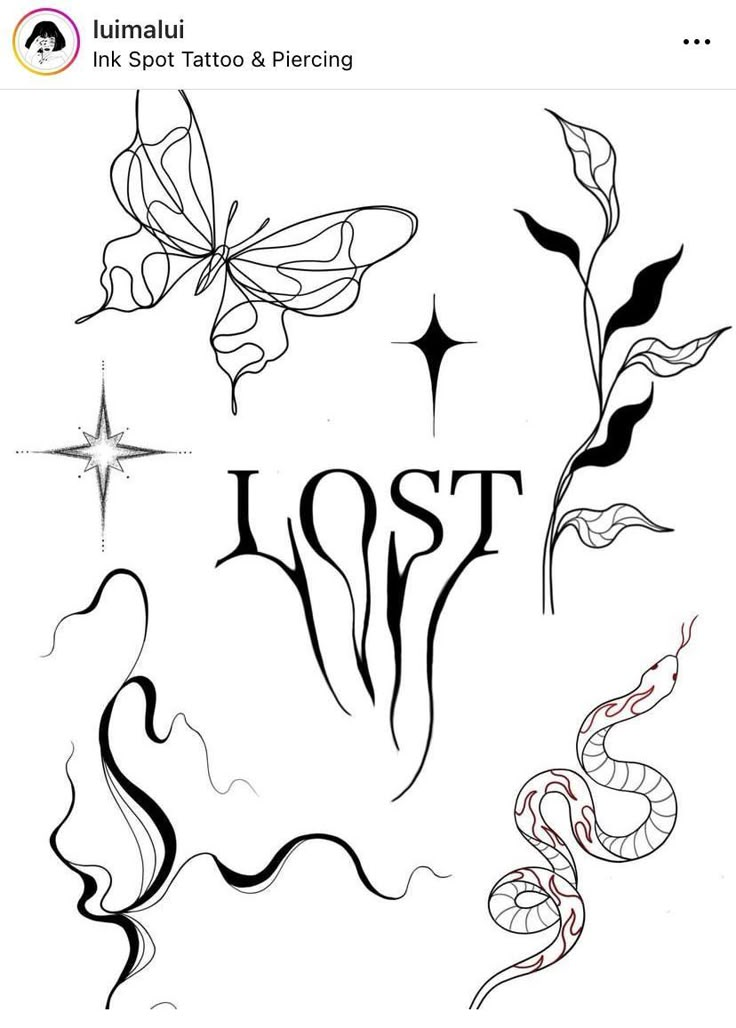 tattoos with the word lost on them and two butterflies flying above it, in black and white