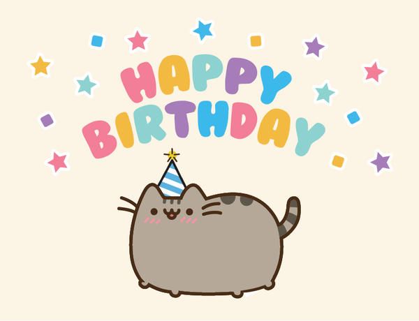 a gray cat with a party hat on its head and the words happy birthday written above it