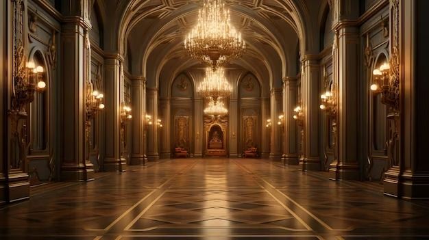 an empty hall with chandeliers and lights