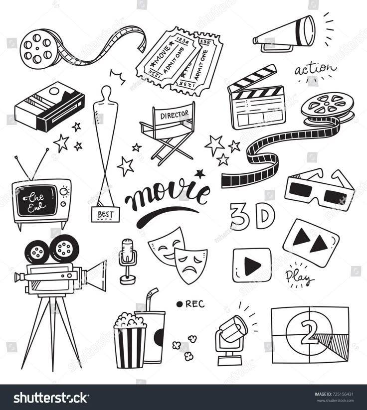 black and white hand drawn doodle movie related items stock photo royaltyvectors