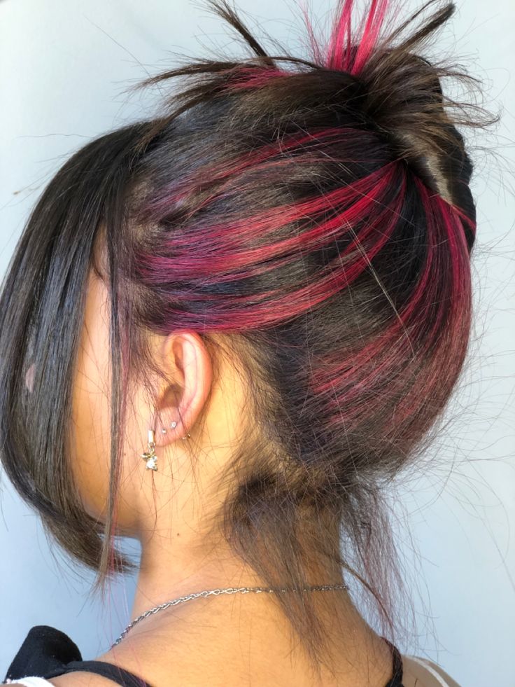 Bright Colour Underneath Hair, Bottom Layer Dyed Hair, Colored Hair For Brunettes Underneath, Blonde Pieces Underneath Dark Hair, Strip Of Hair Dyed, Under Panel Hair Color, Section Of Hair Dyed, Underneath Pink Dyed Hair, Maroon Underdye Hair