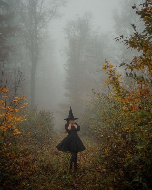 a woman wearing a witches hat and black dress walking through the woods on a foggy day