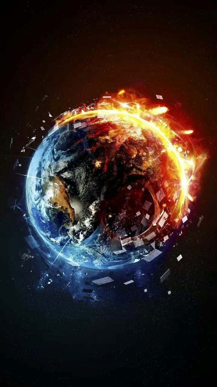 an image of the earth with fire coming out of it's center and surrounded by debris