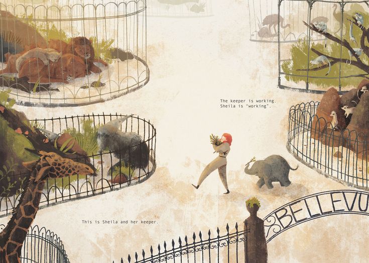 an illustration of people in cages with animals and plants on the ground, one man is walking