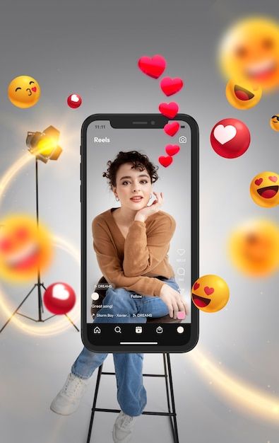 a woman sitting on top of a stool in front of a cell phone with emoticions surrounding her