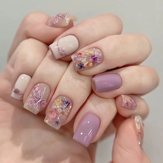 Nail Art Designs Purple, Watercolor Nail Art, Butterfly Nail Designs, Water Color Nails, Green Nail Designs, Coffin Press On Nails, Flower Nail Art, Fake Nail, Butterfly Nail