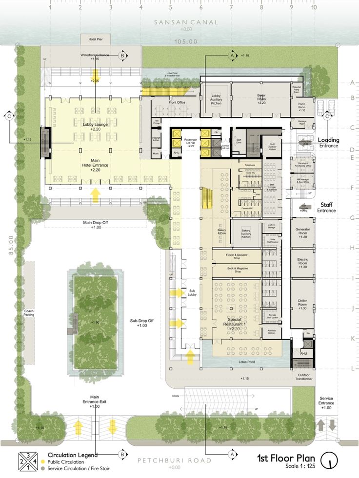 an architectural drawing shows the ground plan for a building that has been constructed into a courtyard