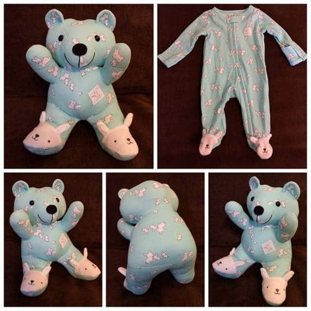 four pictures of teddy bears in blue and pink onesuits