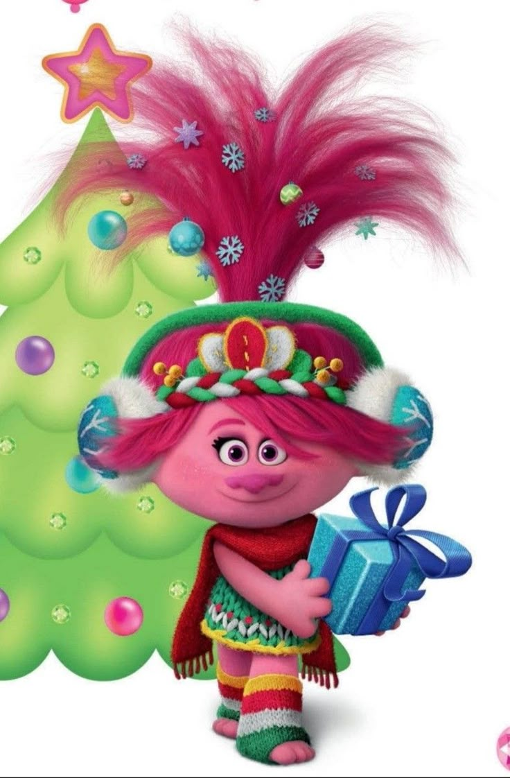 a cartoon character holding a present near a christmas tree