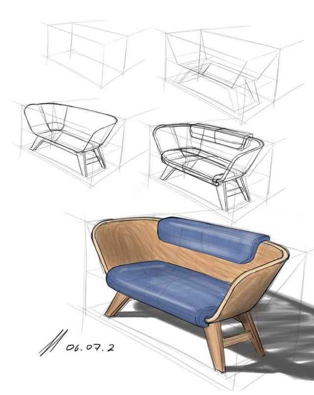 sketches of different types of furniture on a white background, including a couch and chair