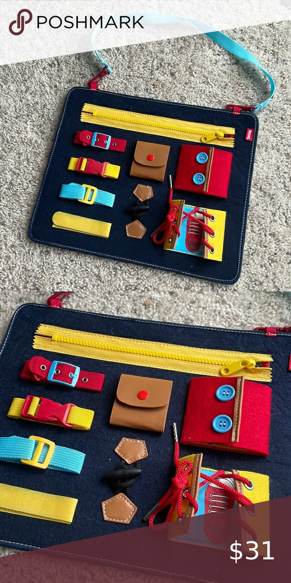 MONTESSORI Busy Board with Clips, Snaps, Zippers, Buttons Zipper Button Snap Board Diy, Zipper Board, Baby Activity Board, Montessori Busy Board, Toddler Board, Busy Board Baby, Learning Development, Quilt Book, Montessori Diy