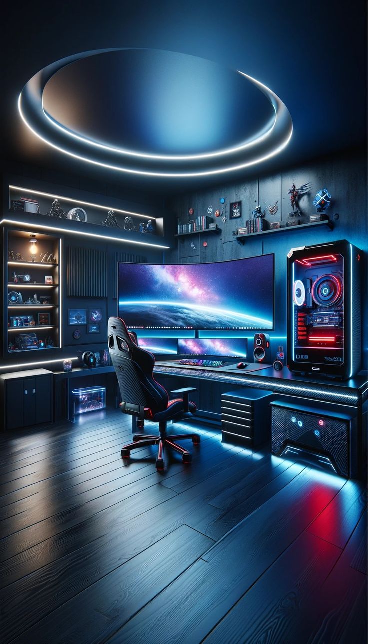 #ModernGamingLair

#UltraWideSetup

#RGBLife

#GamerMemorabilia

#FuturisticGaming Luxury Gaming Room Setup, Black Gaming Room, Streaming Room, Desk Setup Ideas, Tech Room, Gaming Lounge, Computer Gaming Room, Video Game Room Design, Eco Friendly Garden