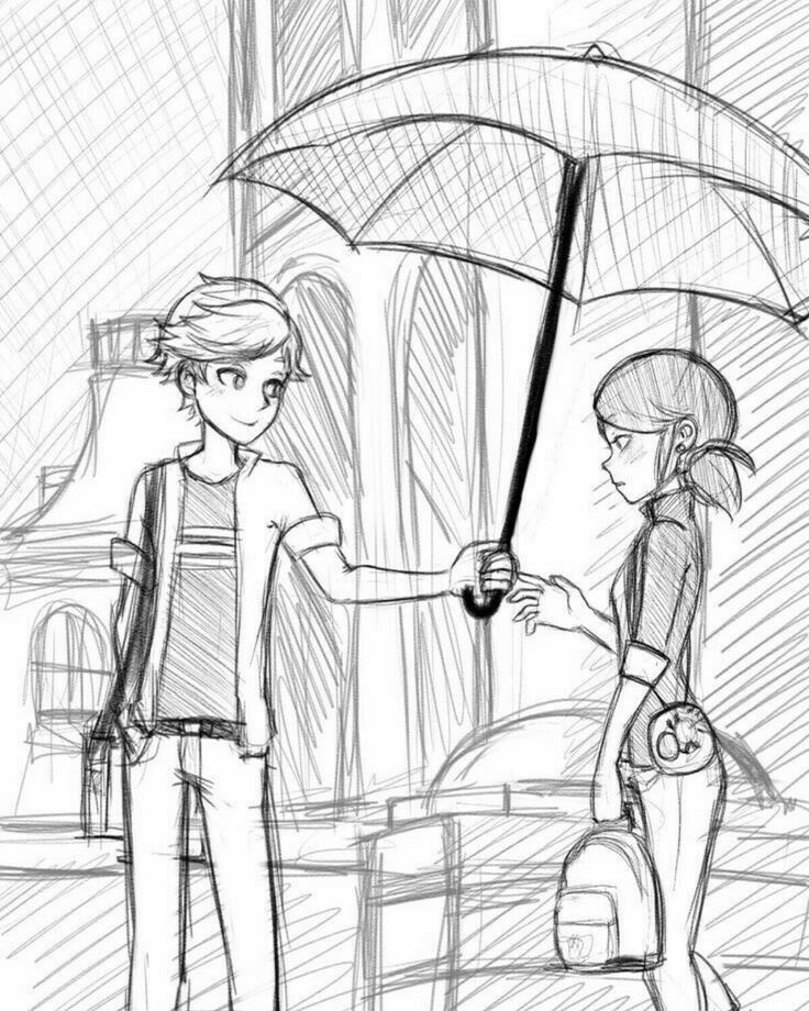 a drawing of two people standing under an umbrella in the rain, one holding onto another person's hand