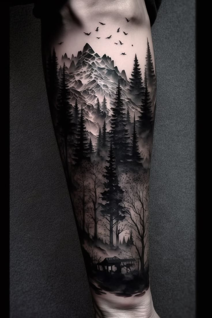 a man's arm with trees and mountains on it