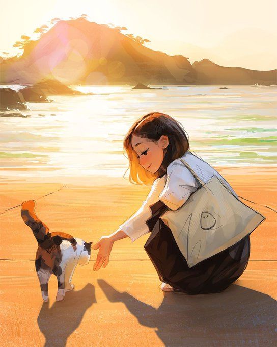 a woman kneeling down next to a dog on top of a sandy beach