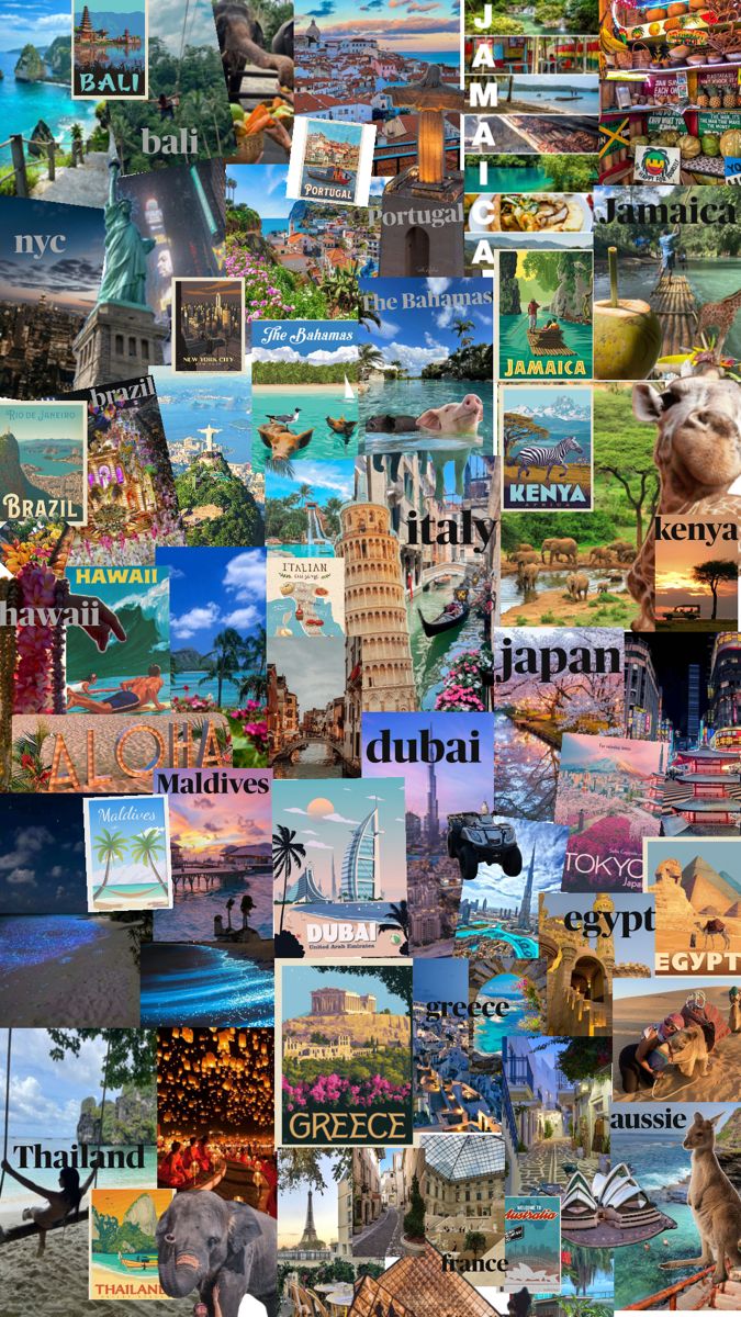 the collage is made up of many different pictures and words, including buildings, water, and animals