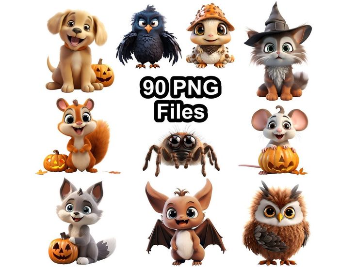 a group of cartoon animals with pumpkins and bats