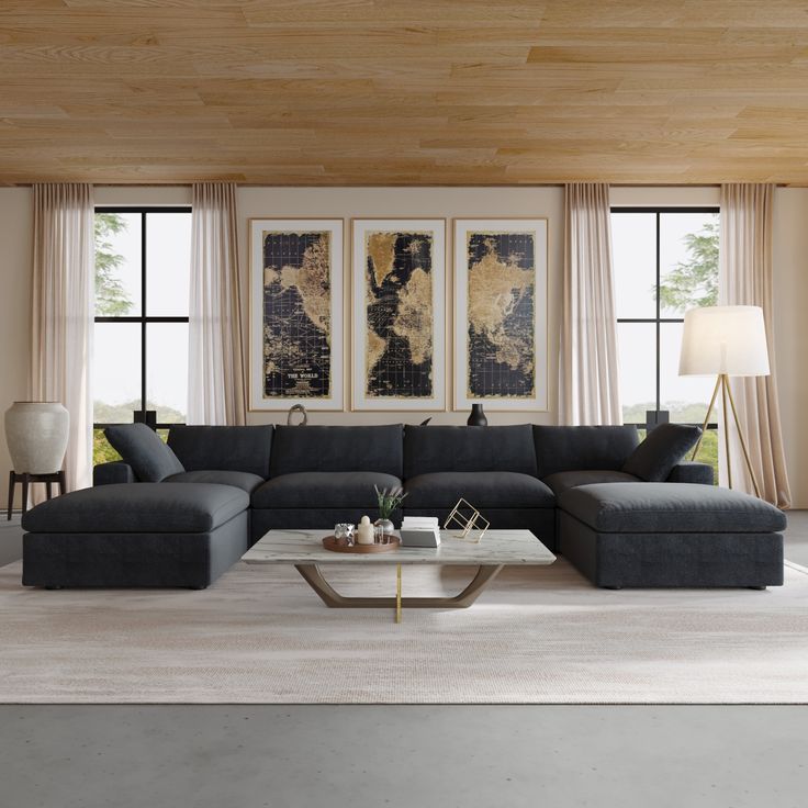 a modern living room with large sectional sofa