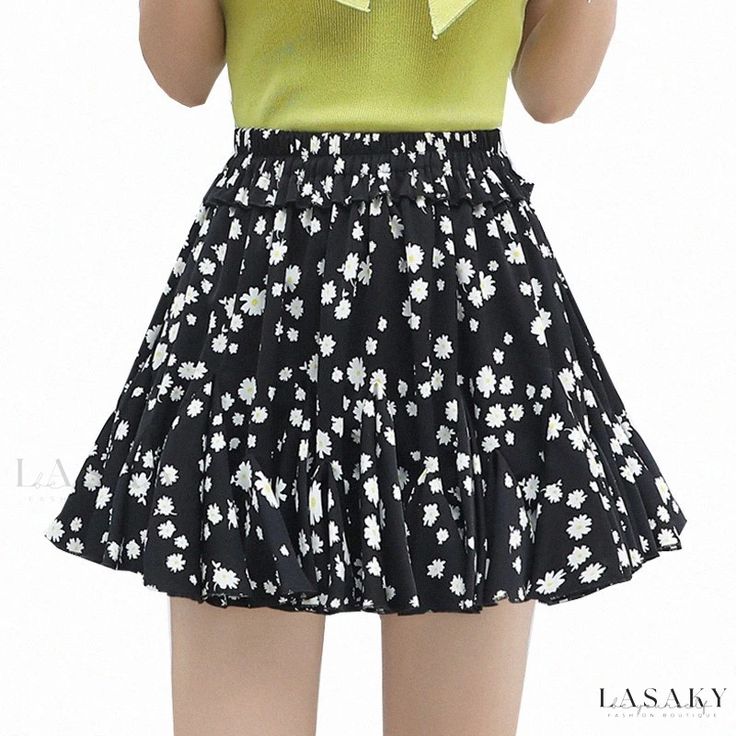 Lasaky - Floral Print Pleated Chiffon Skirt - Mini A-line Skirt with Slimming Fit and Ruffle Hem for Anti-Flash Protection Black A-line Mini Skirt For Spring, Non-stretch Tiered Mini Skirt With Lining, Trendy Tiered Pleated Skirt For Summer, Trendy Flowy Mini Skirt, Spring A-line Mini Skirt, Spring Ruffled Flared Pleated Skirt, Summer Flowy Pleated Skirt With Ruffles, Flowy Black Bottoms For Spring, Spring A-line Mini Skirt With Lining