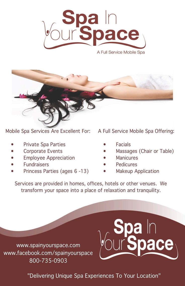 Spa In Your Space, a full-service mobile Spa bringing unique Spa experiences to your location. Facials, Manicures, Pedicures, Chair Massage, Table Massage and more. www.spainyourspace.com 800-735-0903 Mobile Facial Business, Spa Add On Services, Mobile Massage Business Ideas, Mobile Spa Business Ideas, In Home Massage, Corporate Massage, Spa Promo, Massage Prices, Massage Therapy Quotes