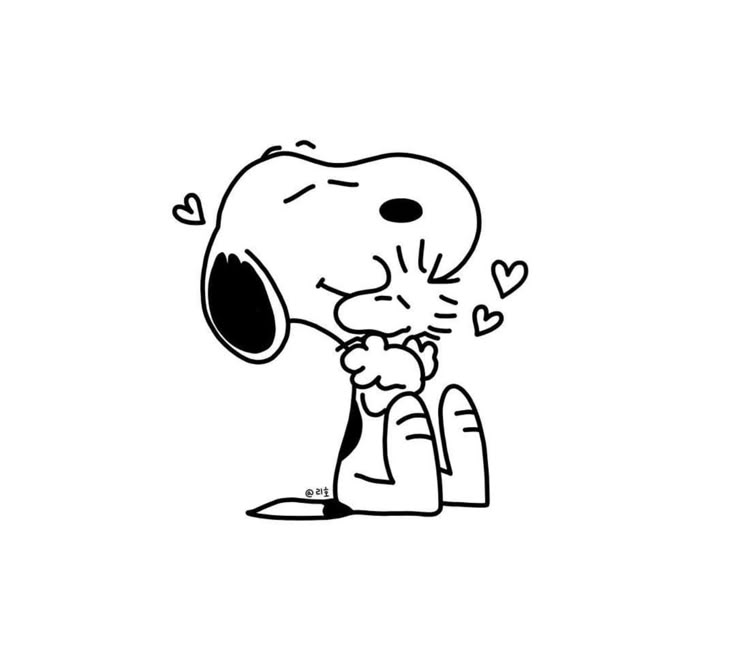 a black and white drawing of a cartoon character kissing someone's face with hearts