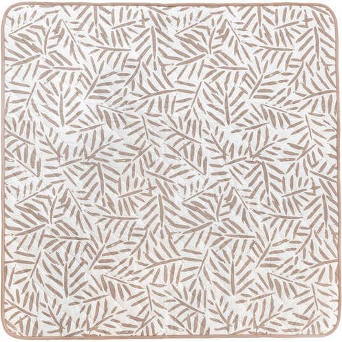 a white rug with brown lines and leaves on the bottom, in front of a white background