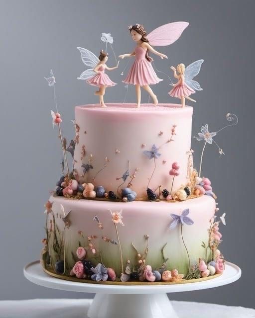 there is a pink cake decorated with flowers and fairy figurines on the top