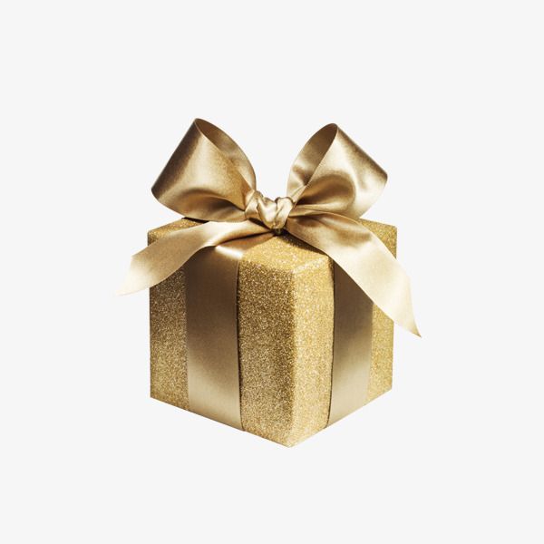 a gold gift box with a bow on it