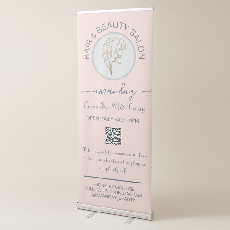 Beauty Salon Reopening Logo Hair Rose QR Code Retractable Banner Gender: unisex. Age Group: adult. Retractable Banner Design, Roll Banner, Beauty Salon Posters, Indoor Banner, Logo Hair, Door Poster, Retractable Banner, Beauty Event, Business Banner